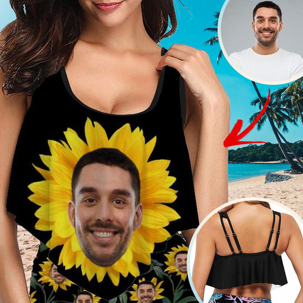 Ruffle Bikini Top-Custom Husband Face Women¡®s Sunflower Bikini Top Swimsuit Ruffle Swim Top