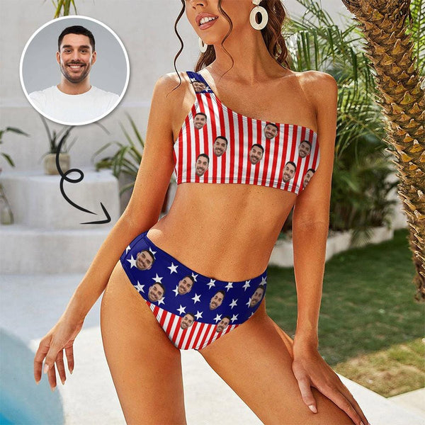 Custom Face Flag Couple Matching Swimsuit One Shoulder Stringless Low Waited Bikini&Swim Shorts Personalized Bathing Suits Beach Outfits