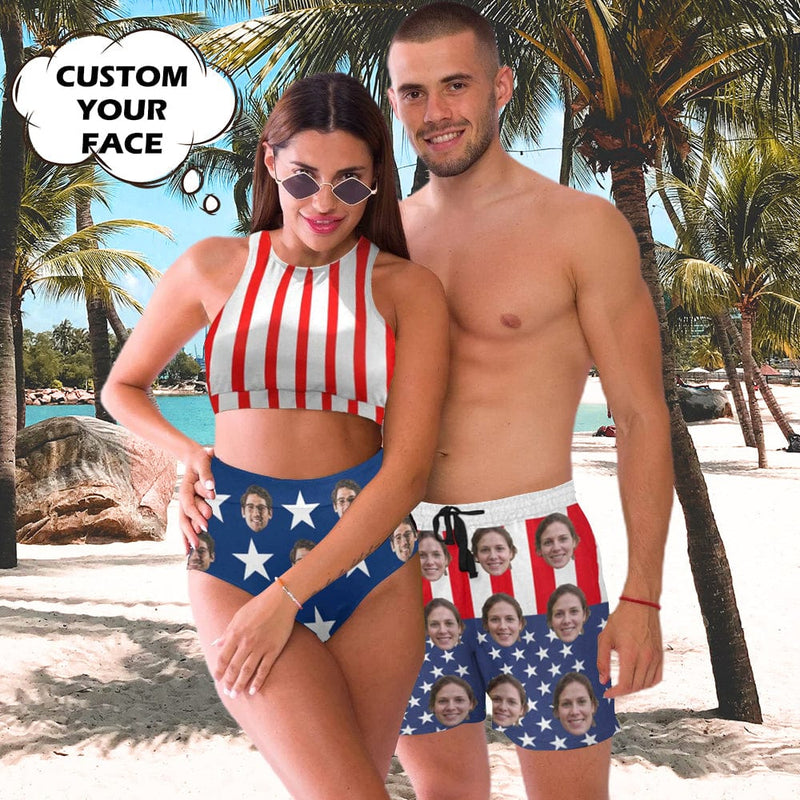 Custom Face American Flag Style Couple Matching Swimsuit High Crew Neck High Waisted Bikini & Swim Shorts Personalized Women's Two Piece Swimsuit Beach Outfits