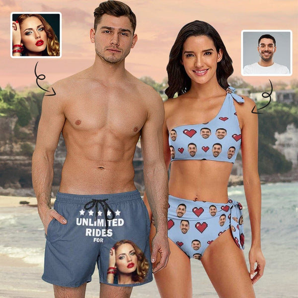 Custom Face Couple Swimsuit Hot Sale Couple Matching Women's One Shoulder Tie Bikini Men's Swim Shorts