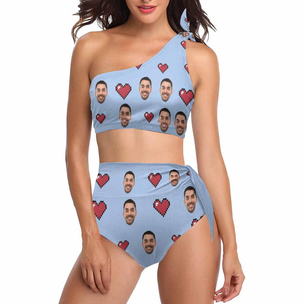 Custom Face Couple Swimsuit Hot Sale Couple Matching Women's One Shoulder Tie Bikini Men's Swim Shorts