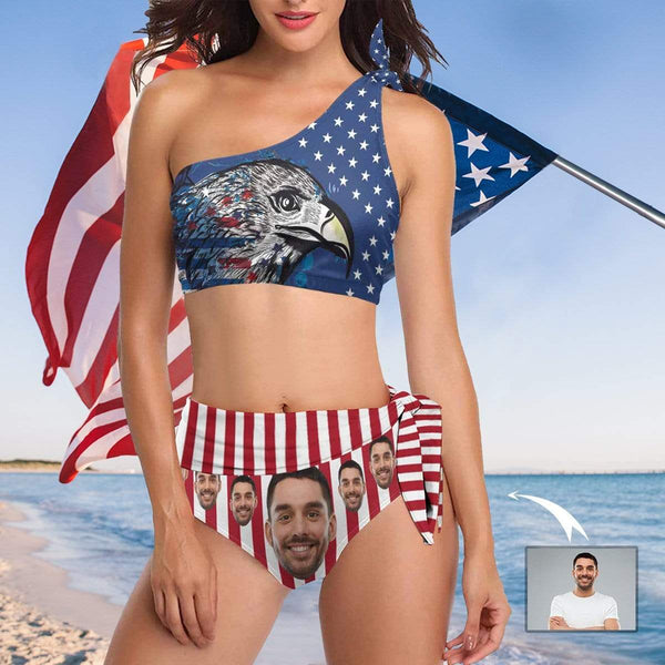 Custom Face Eagle White&Red Stripes Stars Couple Matching Swimsuit One Shoulder Tie Bikini Men's Swim Shorts