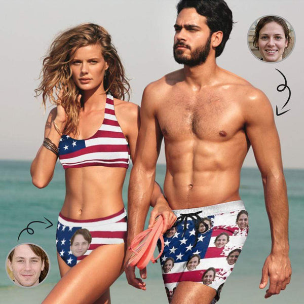 Custom Face Flag Couple Swimsuit Women's Bikini Men's Swim Shorts