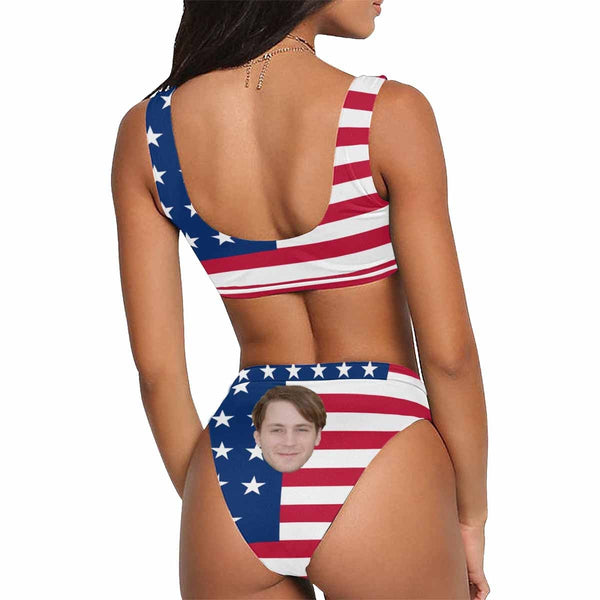 Custom Face Flag Couple Matching Swimsuit Print Women's Sport Top & High-Waisted Bikini Swimsuit personalized Men's Swim Shorts for Honeymoon