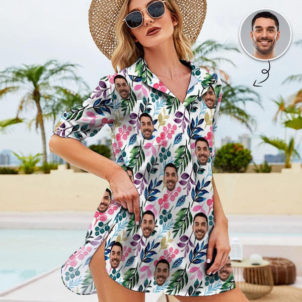 Custom Face Colorful Leaf Chiffon Shirt Dress Cover Up Personalized Women's V-Neck Bikini Beach Tunic Top