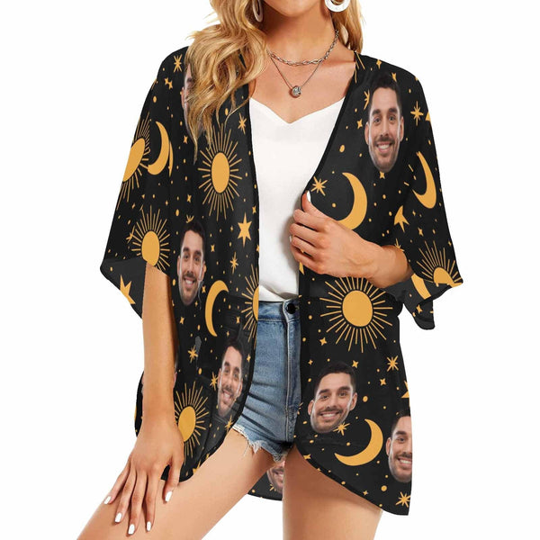 Custom Face Black Moon Star Personalized Women's Kimono Chiffon Cover Up Gift