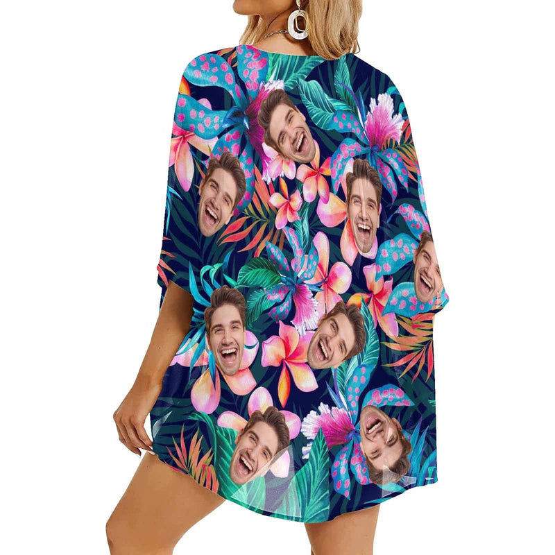 Custom Face Flower Leaf Personalized Women's Kimono Chiffon Cover Up