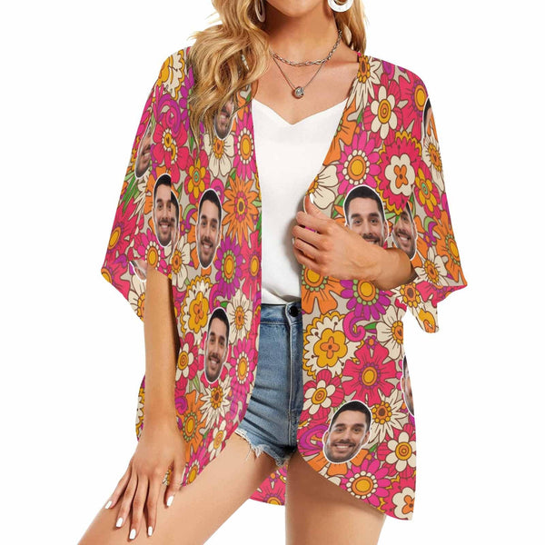 Custom Face Flowers Personalized Women's Kimono Chiffon Cover Up Personalized