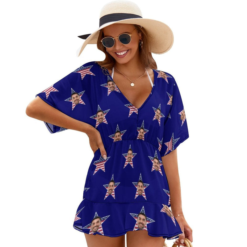 Custom Face American Style One Piece Cover Up Dress Personalized Women's Short Sleeve Beachwear Coverups