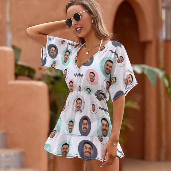 Custom Face Colorful Circle One Piece Cover Up Dress Personalized Women's Short Sleeve Beachwear Coverups