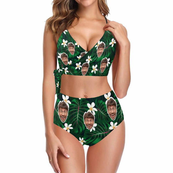 Custom Face White Flower Green Leaf Knot Side Bikini Swimsuit Women's Two Piece Swimsuit Personalized Bathing Suit Summer Beach Pool Outfits