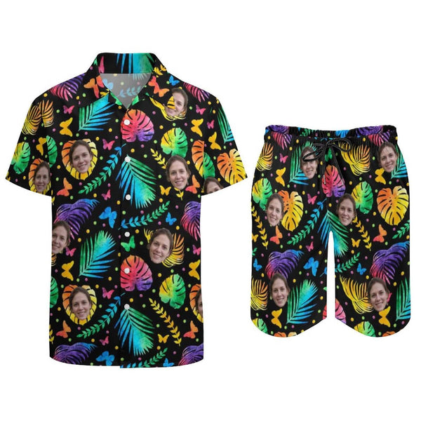 Custom Face Colorful Leaves Shirt Hawaiian Sets Personalized Pocket Hawaiian Shirt & Beach Shorts Casual Beach Outfit Suit