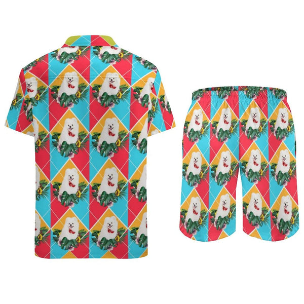 Custom Face Cute Dog Shirt Hawaiian Sets Personalized Pocket Hawaiian Shirt & Beach Shorts Casual Beach Outfit Suit