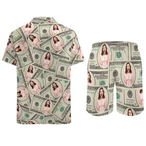 Custom Face Dollars Shirt Hawaiian Sets Personalized Pocket Hawaiian Shirt & Beach Shorts Casual Beach Outfit Suit