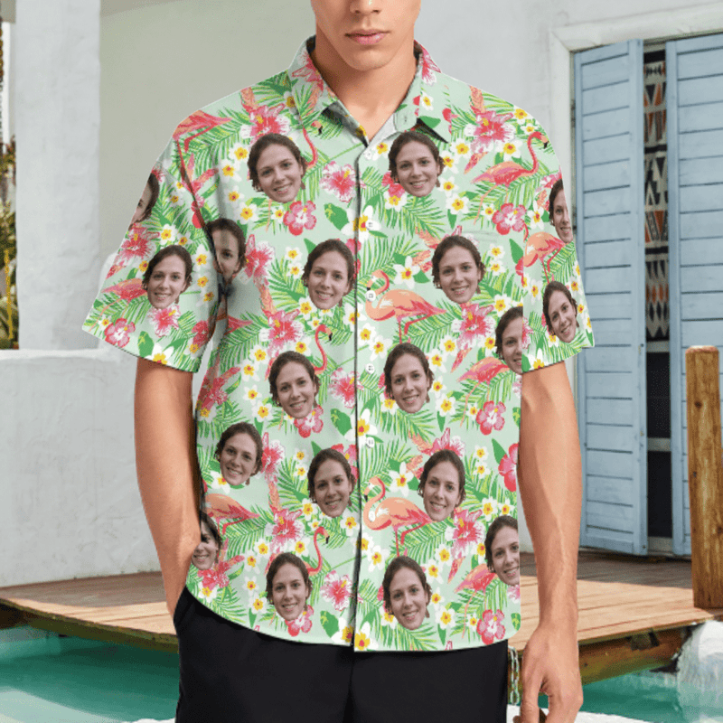 Couple Matching Shirt&Dress Custom Face Flamingoes Pocket Hawaiian Shirt&Women's Sleeveless Dress Men Front Pocket Beach Shortsleeve Shirt Boyfriend Gift For Him