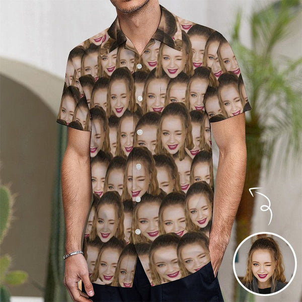 Custom Face Couple Hawaiian Shirt&Dress Casual Shirt Men Front Pocket Shortsleeve Beach Pocket Hawaiian Shirt Personalized Sundress Design Gift