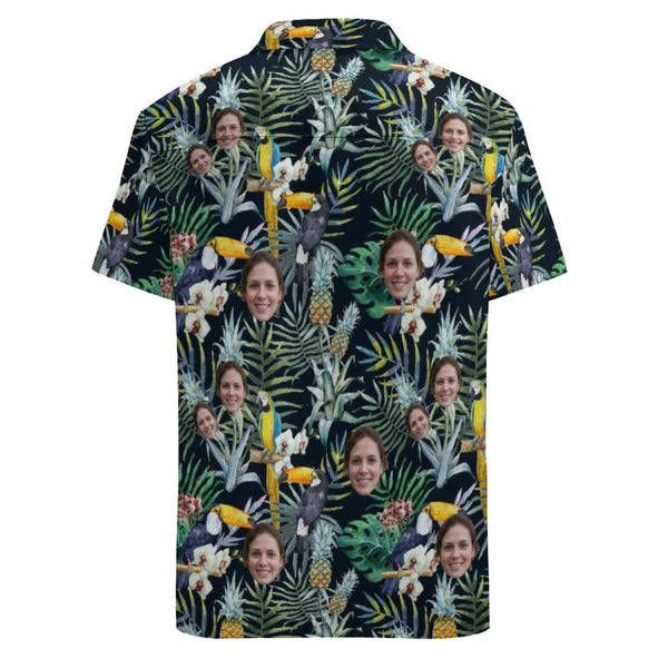 Custom Face Couple Hawaiian Shirt&Dress Flower Parrot Casual  Men Front Pocket Shortsleeve Beach Pocket Hawaiian Shirt Personalized Design Boyfriend Gift For Him