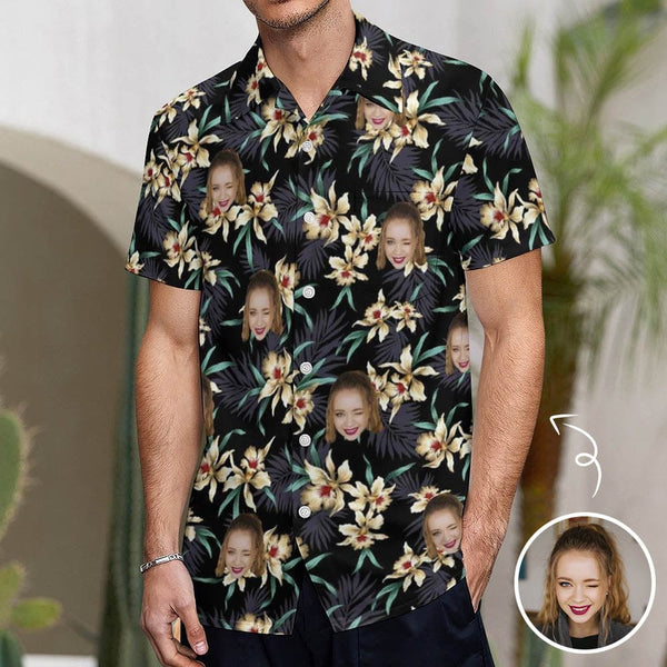 Custom Face Couple Hawaiian Shirt&Dress Lily Flowers Casual Men Front Pocket Shortsleeve Beach Pocket Hawaiian Shirt Boyfriend Gift