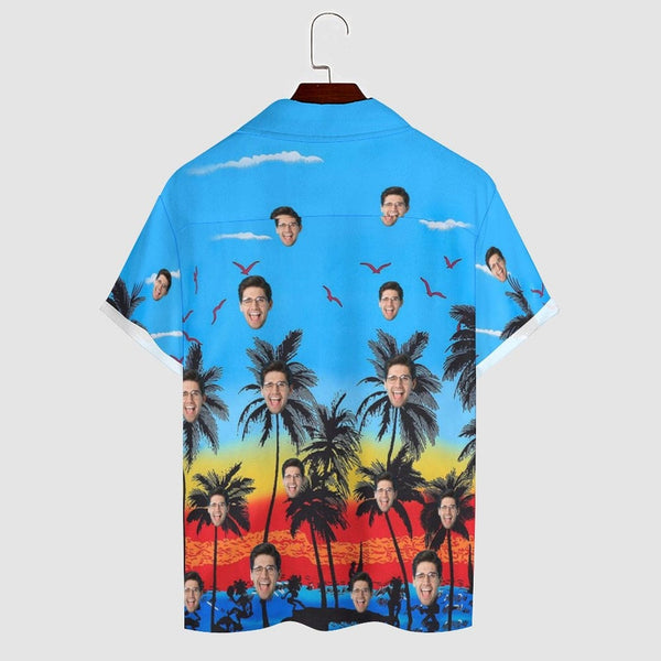 Custom Face Coconut Tree Sunset Blue Cuban Collar Shirt Hawaiian Shirt for Husband or Boyfriend