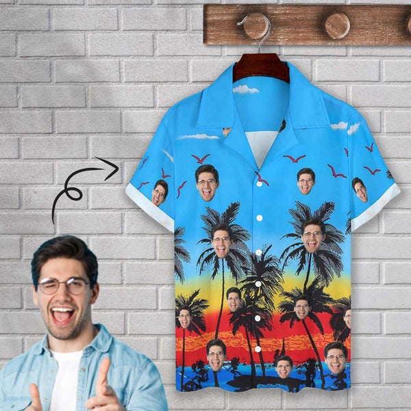 Custom Face Coconut Tree Sunset Blue Cuban Collar Shirt Hawaiian Shirt for Husband or Boyfriend