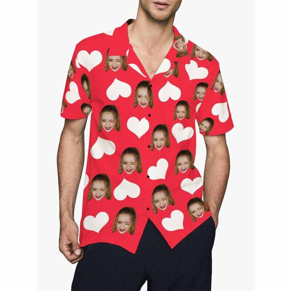 Custom Face Hawaiian Shirt White&Red Heart Custom Aloha Shirts Create Your Own Aloha Shirt Gift