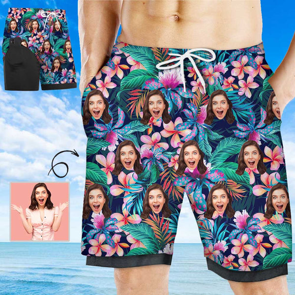 Custom Face Tropical Men's Quick Dry 2 in 1 Surfing & Beach Shorts Male Gym Fitness Shorts