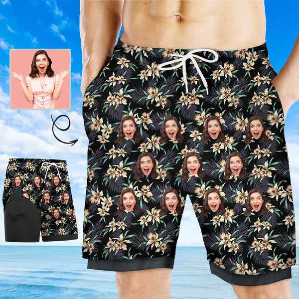 Custom Face Tropical Plants Men's Quick Dry 2 in 1 Surfing & Beach Shorts Male Gym Fitness Shorts