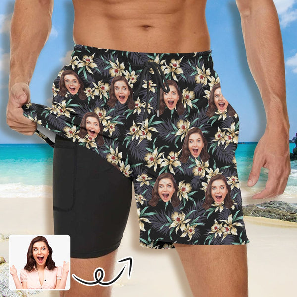 Personalized Face Men 2 in 1 Surfing Tropical Plants Beach Shorts