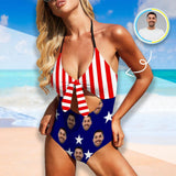 Custom Face American Flag Swimsuit Personalized Women's One Piece Bathing Suit Celebrate Holiday