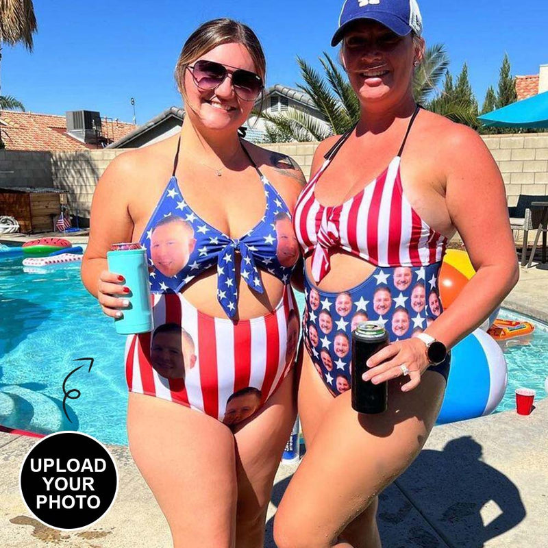 Custom Face American Flag Swimsuit Personalized Women's One Piece Bathing Suit Celebrate Holiday