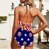 Custom Face American Flag Swimsuit Personalized Women's One Piece Bathing Suit Celebrate Holiday