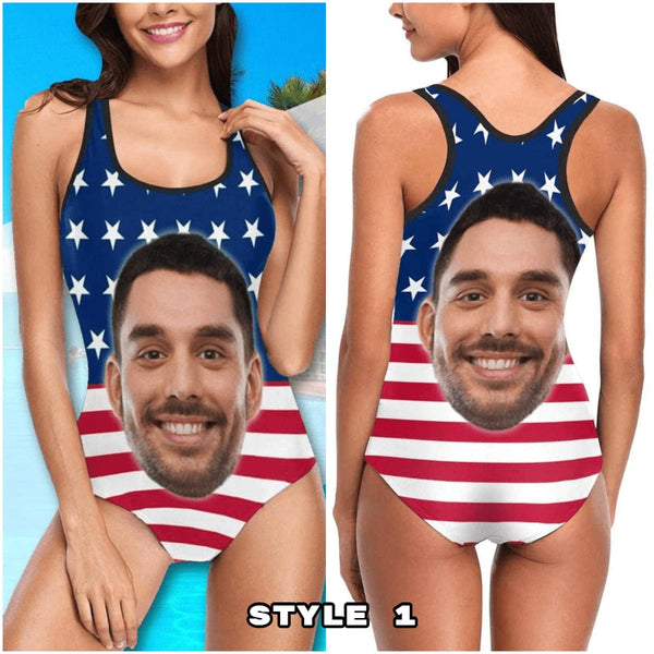 #Different American Style Custom Flag Swimsuit Personalized Face American Flag Plus Size Face Swimwear Women's Photo Slip One Piece Tank Top Bathing Swimsuit