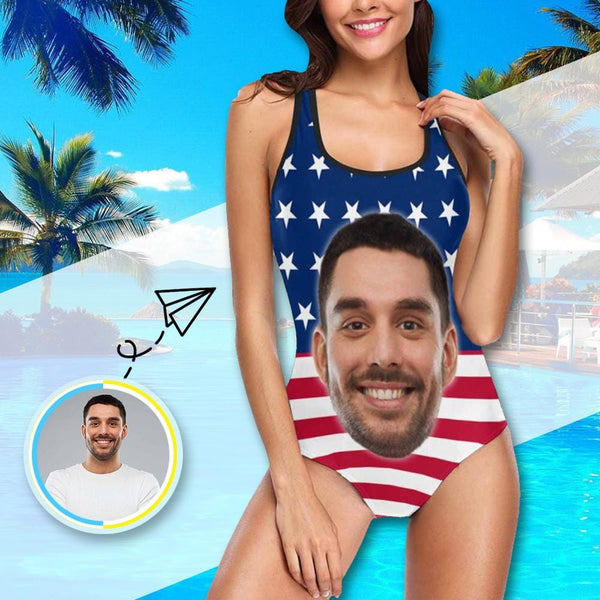 [Hot Sale] Couple Matching Swimwear #American Flag Bathingsuit #Independence Day#Custom Husband Face American Flag Swimsuit Personalized Tank Top One Piece Bathing Suit Holiday Party