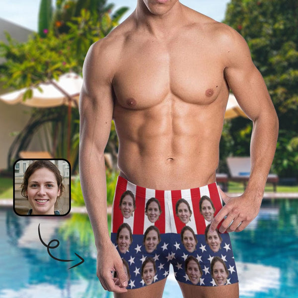 Custom Face American Flag Men's Stretch Swim Boxer Briefs Mens Personalized Quick Dry Swimsuit Bathing Suit Print Square Leg Swim Briefs