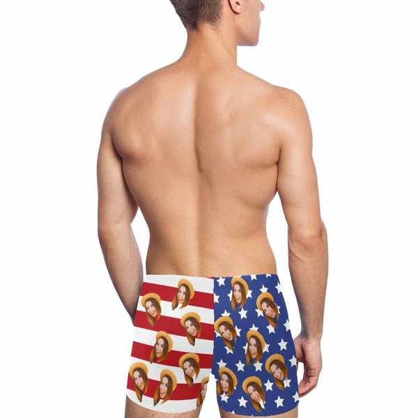 Custom Face American Flag Men's Stretch Swim Boxer Briefs Mens Personalized Quick Dry Swimsuit Bathing Suit Print Square Leg Swim Briefs