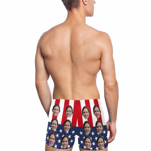 Custom Face American Flag Men's Stretch Swim Boxer Briefs Mens Personalized Quick Dry Swimsuit Bathing Suit Print Square Leg Swim Briefs