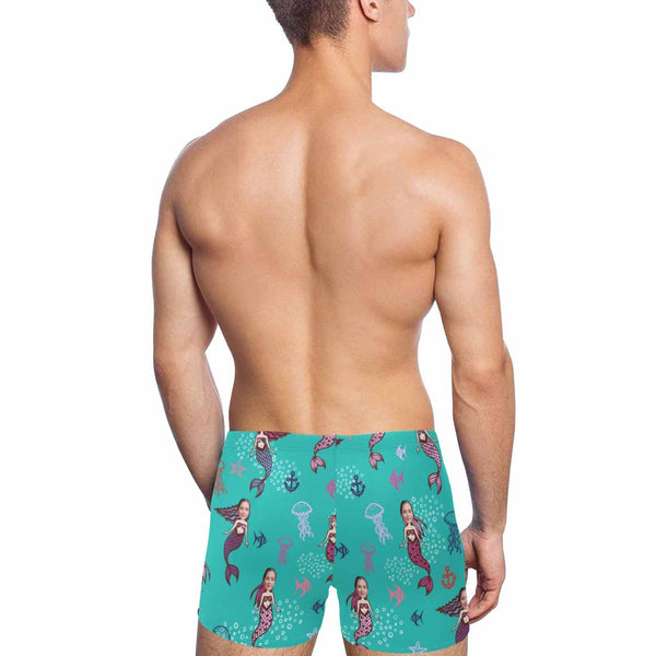 Custom Face Blue Mermaid Men's Stretch Swim Boxer Briefs Mens Personalized Quick Dry Swimsuit Bathing Suit Print Square Leg Swim Briefs