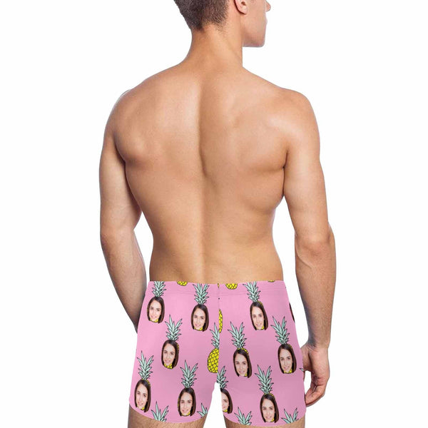 Custom Face Cute Pink Pineapple Men's Stretch Swim Boxer Briefs Mens Personalized Quick Dry Swimsuit Bathing Suit Print Square Leg Swim Briefs