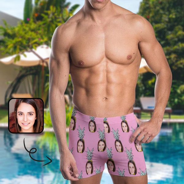 Custom Face Cute Pink Pineapple Men's Stretch Swim Boxer Briefs Mens Personalized Quick Dry Swimsuit Bathing Suit Print Square Leg Swim Briefs