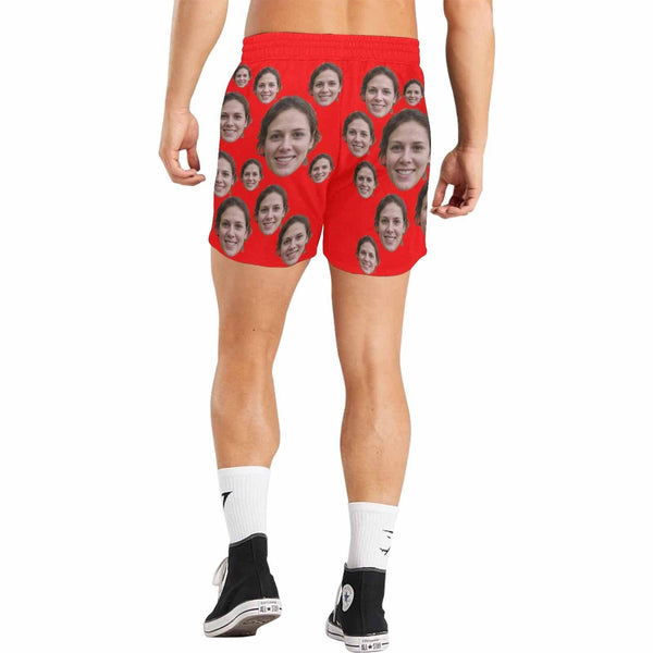 Custom Face Drawstring Swim Trunks Design Red Men's Quick Dry Swim Shorts for Vacation