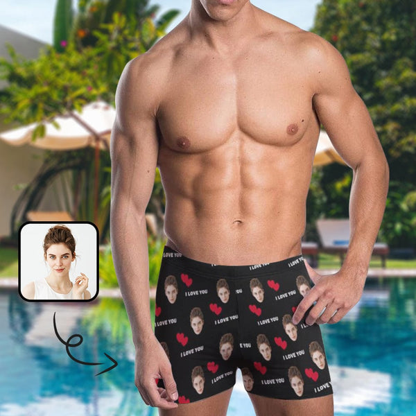 Custom Face I Love You Men's Stretch Swim Boxer Quick Dry Briefs