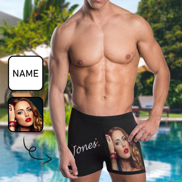 Custom Face & Name Black Men's Stretch Swim Boxer Quick Dry Briefs