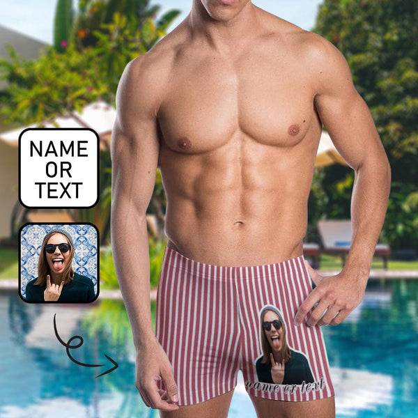 Custom Face&Name Red Stripes Men's Stretch Swim Boxer Quick Dry Breifs