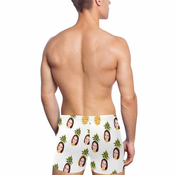 Custom Face White Pineapple Head Men's Stretch Swim Boxer Briefs Mens Personalized Quick Dry Swimsuit Bathing Suit Print Square Leg Swim Briefs