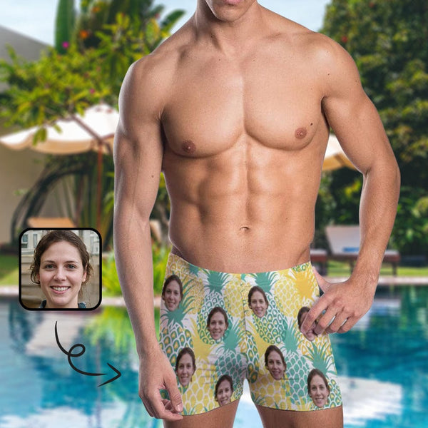 Custom Face Yellow Pineapple Men's Stretch Swim Boxer Briefs Mens Personalized Quick Dry Swimsuit Bathing Suit Print Square Leg Swim Briefs