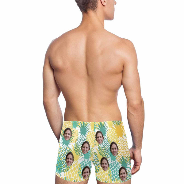 Custom Face Yellow Pineapple Men's Stretch Swim Boxer Briefs Mens Personalized Quick Dry Swimsuit Bathing Suit Print Square Leg Swim Briefs