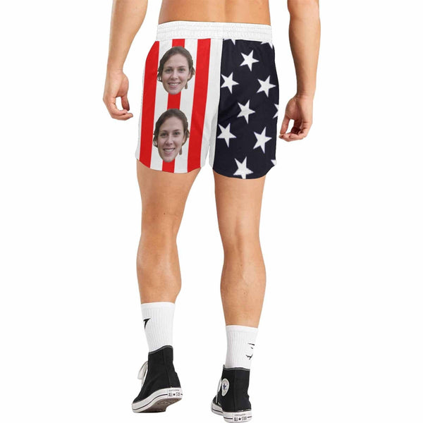 Custom Flag Swim Shorts with Personalized Face Design Stripe&Stars Men's Quick Dry Swim Shorts for Independence Day