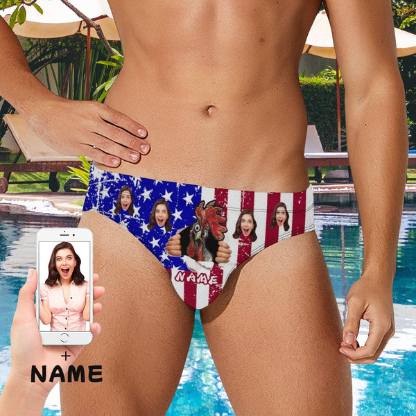 Custom Photo&Name Funny Flag Cock Quick Dry Stretch Swimming Briefs