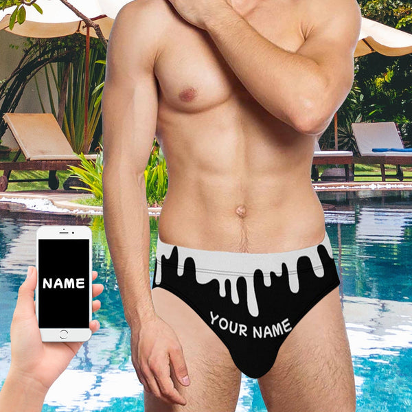 Custom Name Milk Flowing Black Men Swim Shorts Print Quick Dry Briefs