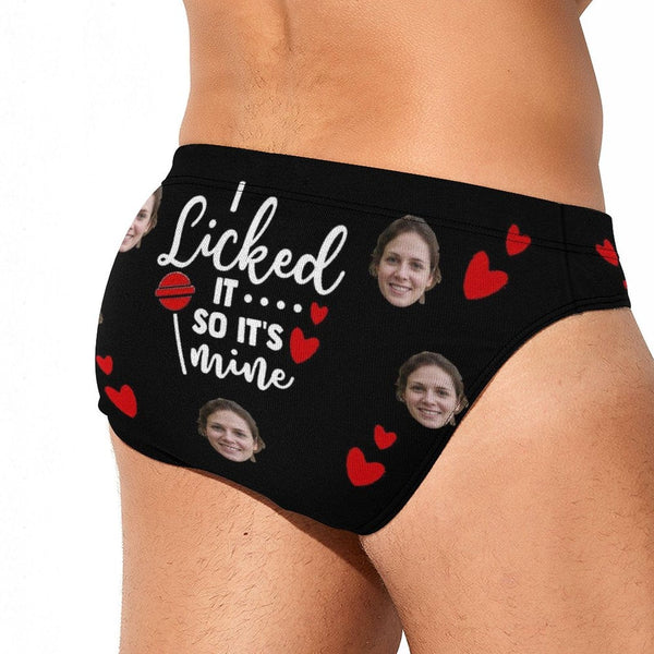 Custom I Love My Girlfriend Swim Trunks with Personalized Face Print Licked it Men's Triangle Swim Briefs for Swimming Water